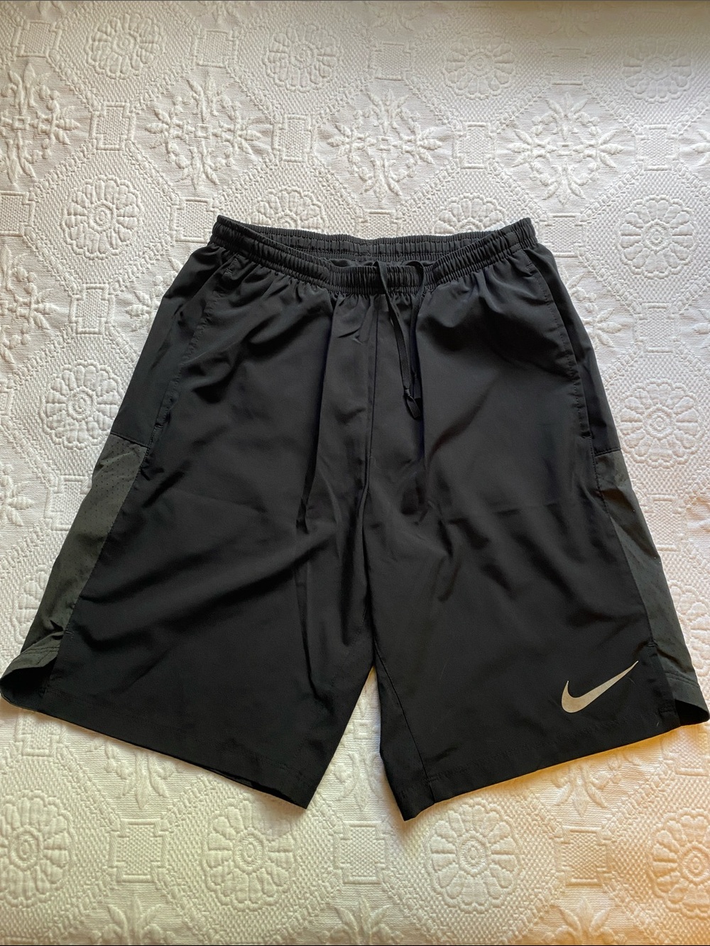 Nike Men's Black Athletic Shorts with Gray Side Panels and Silver Swoosh